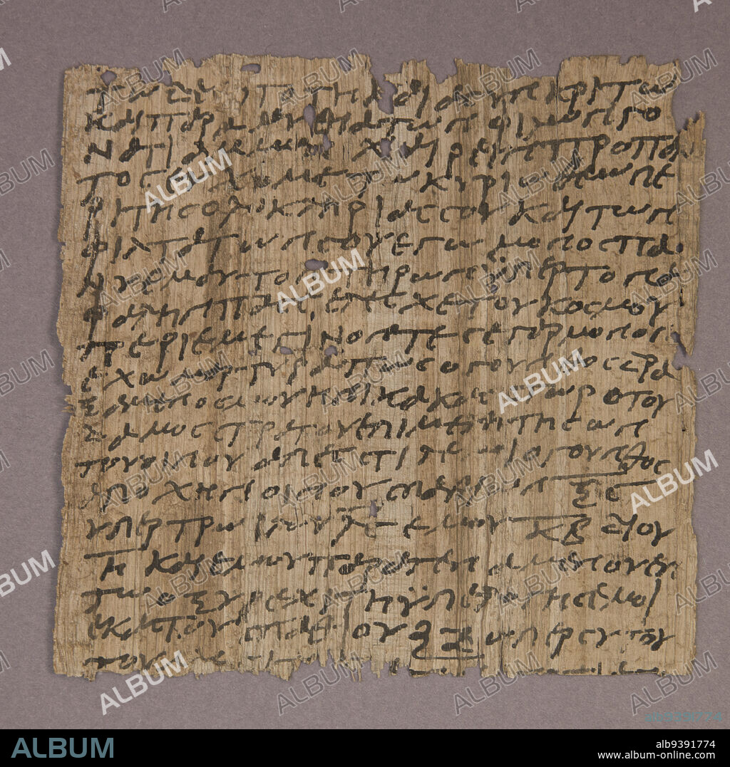 Papyrus Fragment, Egyptian, Roman period, 30 BC395 AD, 4th century, Ink on papyrus, Oxyrhynchus, Al Minya governorate, Egypt, Africa, Books & manuscripts, 4 3/8 x 4 1/2 in. (11.1 x 11.4 cm).