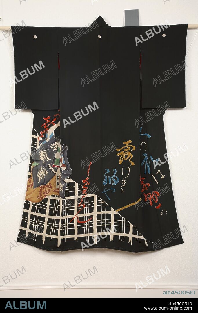 Kuro-tome sode with Musashibo Benkei, Formal black women's kimono (kuro-tome sode), decorated with a standing kabuki actor (designed after Matsumoto Koshiro VII), the right hand raised, a fan in the left hand, in the suzukake suit of a mountain priest (yamabushi), the role of Musashibo Benkei in the kabuki play Kanjincho, with the opening text of the play in calligraphed characters: 'Tabi no koromo wa suzukake no, tabi no koromo wa suzukake no, tsuyukeki sode ya shioruran' our travel suit the suzukake (2x), I lifted my sleeves, wet with dew. Suzukake is a stiff hemp tunic for monks, shioru means 'being slack' and is used in the No theater for the action of lifting the sleeve for the face in sadness. Fine black crepe silk (kinsha) with painted Yezen decoration and gold foil. Red silk lining. Five family arms (mon) from ivy (tsuta)., anonymous, Japan, c. 1920 - c. 1940, silk, painting, h 164 cm × w 128 cm.