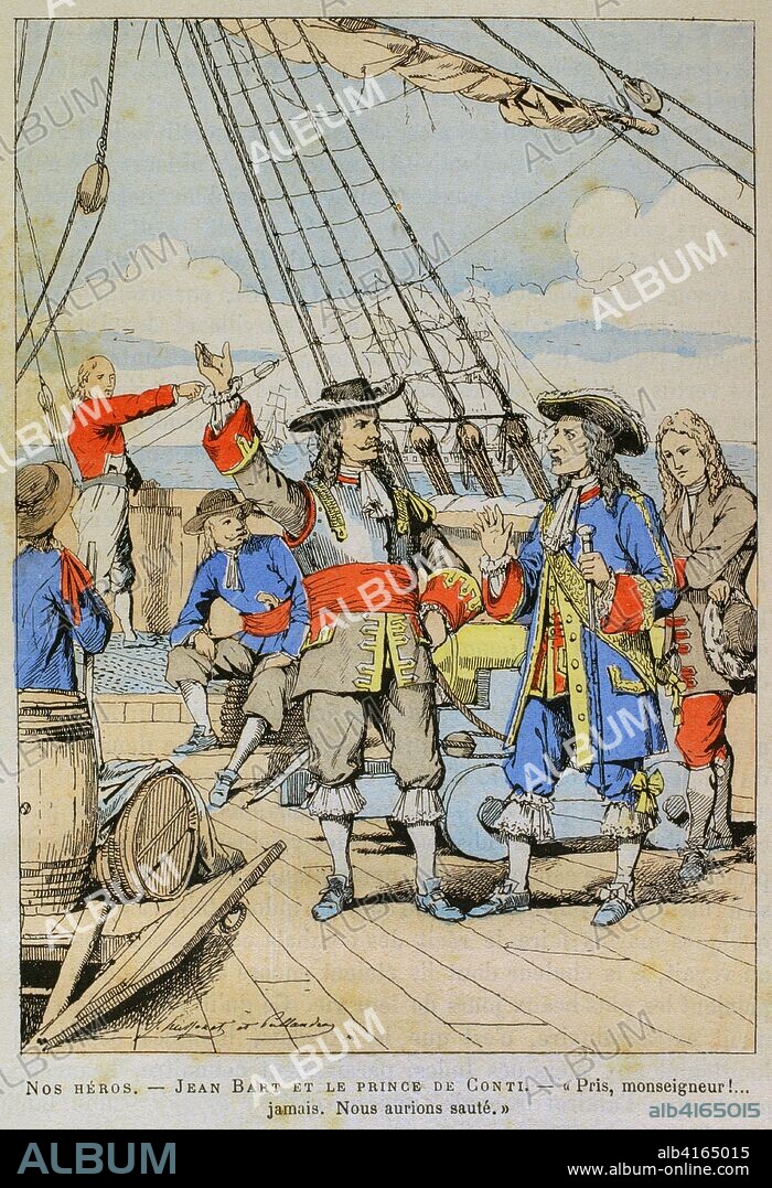 Jean Bart (1650-1702). Marino, navegante y corsario francés activo durante las Guerras de de Luís XIV de Francia. Francisco Luis de Borbón-Conti (1664-1709), príncpe de Conti. En 1697 Luis XIV le ofreció el trono de Polonia. "Encuentro entre Jean Bart y el Príncipe Conti en 1697". A Bart se le encargó llevar a Polonia al candidato real. Ilustración en color de la "Armeé Française, Nos Soldats" (Ejército Francés, Nuestros Soldados). Autor, Eugene Hennebert (1826-1896). Ilustración firmada por Hussenot y Pallandre. París, h. 1890. Biblioteca Histórico Militar de Barcelona, Cataluña, España.