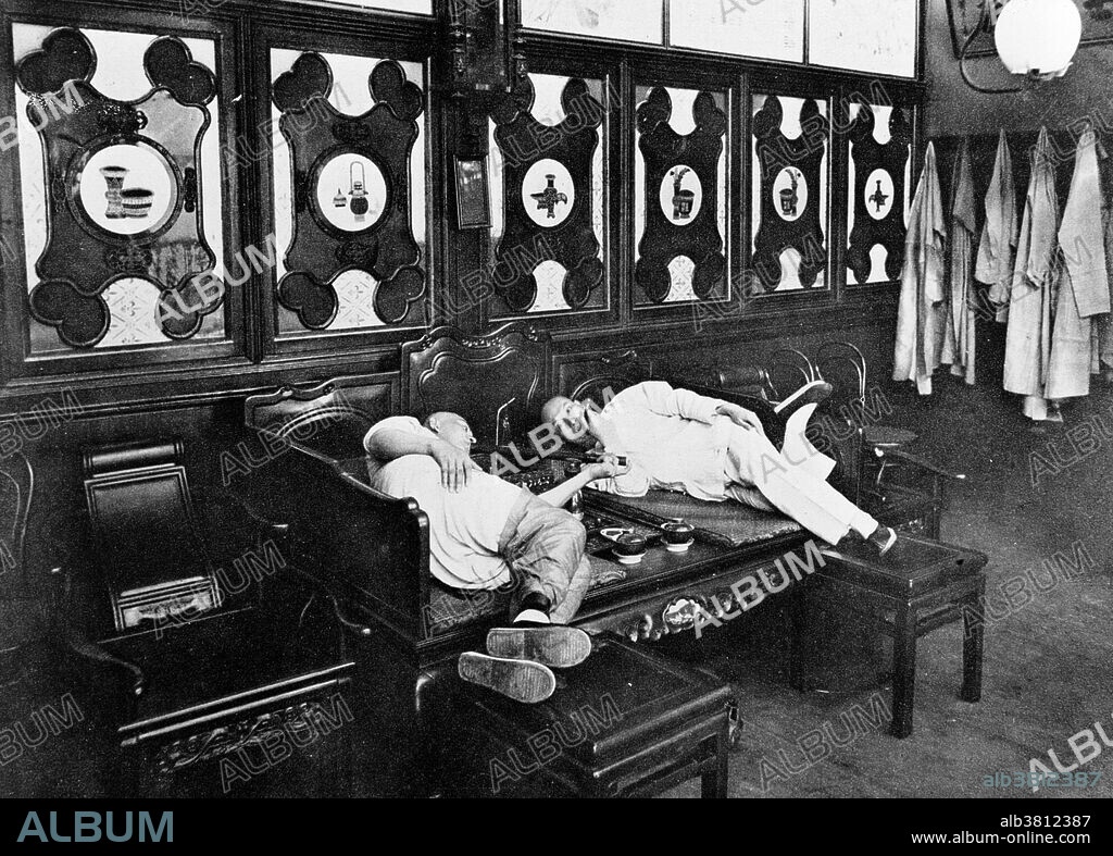 An elegant opium smoking room in Shanghai, China.
