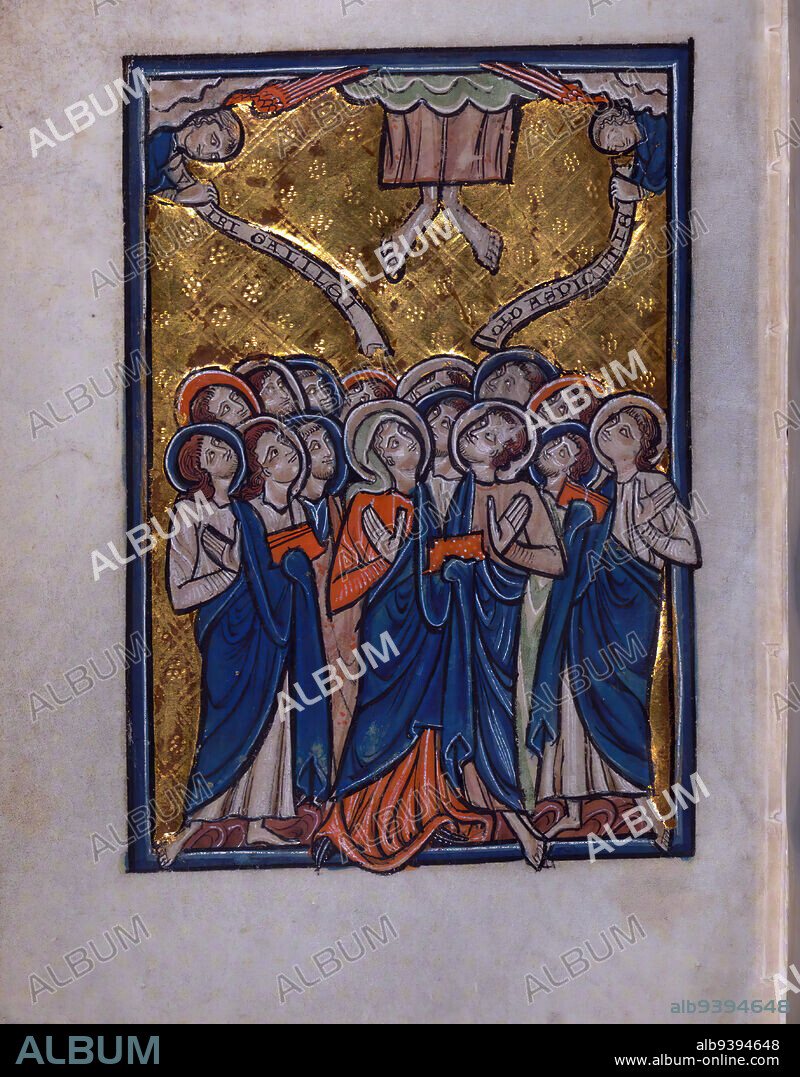 Illuminated Manuscript, Bible Pictures by William de Brailes, The Ascension, A volume comprising twenty-four leaves of Bible Pictures by W. de Brailes, an English artist active in Oxford in the middle of the thirteenth century. Seven leaves from the same set of images are now in the Musee Marmottan in Paris. These 31 leaves are all that remain of an image cycle that once contained at least 98 miniatures, and which was the longest cycle of Bible miniatures surviving from the thirteenth century in England. In all probability these Bible Pictures were actually prefatory matter to a Psalter, now Stockholm, National Museum, Ms. B.2010. De Brailes also composed and wrote the captions that accompany many of the images. W. de Brailes is one of only two English artists of the thirteenth century whose name we can associate with surviving works. 11 manuscripts have been identified that contain miniatures in his hand. De Brailes has a quirky and chatty style, and he was extremely gifted at turning Bible Stories into paint.