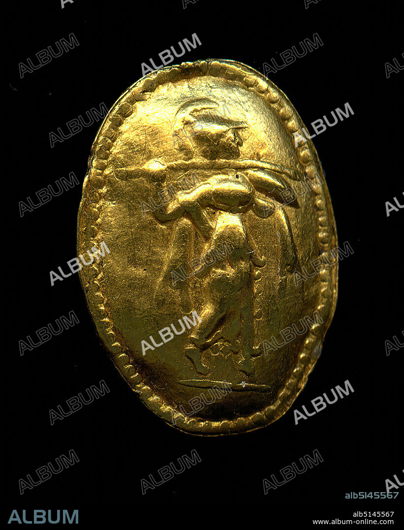 treasure find from Palaiokastron - Applik (Athena Itonia), gold, chased, gold, total: Height: 1.45 cm; Width: 1.1 cm; Weight: 0.52 g, robe decoration, body decoration, history of Minerva (Pallas, Athena), early Hellenistic, high Hellenistic, Greek antiquity, The oval, slightly vaulted plate shows a form driven relief and an eyelet on the back. The goddess Athena in the type of Promachos (champion) can be seen to the right. She has raised her right arm with spear, the left arm with round shield. The Corinthian helmet is pushed back. The ends of a cloak hang down from her arms. According to Eugen von Mercklin, the archaic type of Athena gives a clue to the dating: It can be found in this form on the alliance coins of the Thessalian Confederation in the first half of the 2nd century BC (since 196 BC). Harls Bloesch referred to the hardly distinguishable depictions on coins of Antigonos Gonatas from 277 and 239 BC.