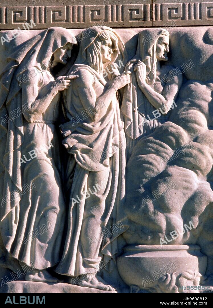 WITCHCRAFT - WITCHES OF MACBETH. The three 'weird sisters' who meet Macbeth on the blasted heath. Sculpture on the facade of the Folger Shakespeare Memorial Library in Washington DC. Sculpted by John Gregory, 1932.