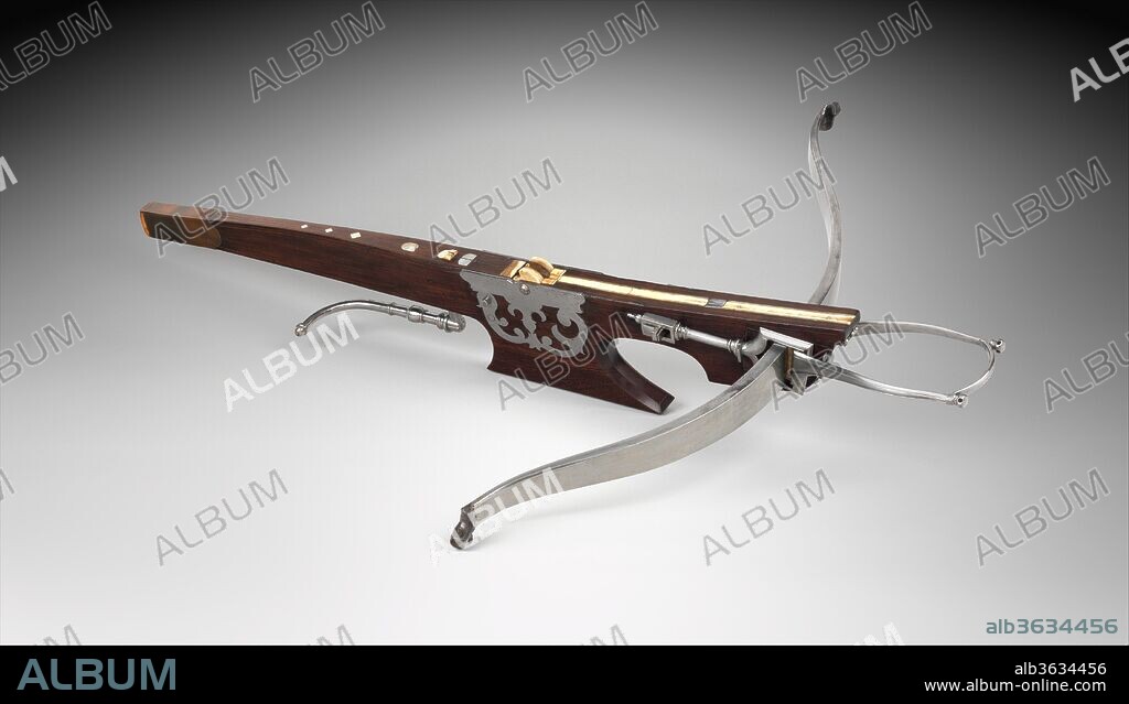 Target Crossbow with Windlass. Culture: probably Belgian or Dutch. Dimensions: crossbow, L. 44 1/2 in. (113 cm); W. 31 3/4 in. (80.7 cm); Wt. 19 lb. 3 oz. (8,712 g); windlass, L. upper part only, overall 22 1/16 in. (56 cm); W. 16 5/8 in. (42.2 cm); Wt. 9 lb. 12 oz. (4,430 g). Date: crossbow, probably mid-18th century; windlass, dated 1741.
