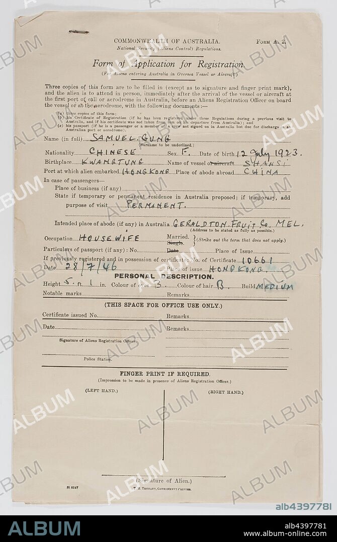 Letter - Australian Citizenship Registration, Mrs Mary Gung, 6 Dec 1962, Letter from K J Smith, Commonwealth Migration Officer for Victoria, Department of Immigration to Mrs Mary Gung of Ascot Vale on 6 December 1962. Stating that her registration as an Australian citizen has been approved. Mary arrived in Melbourne from Hong Kong on the ship Shansi in 1947, with her husband Samuel and two children Jeffrey and Phyllis. Her name at this time is recorded on her.