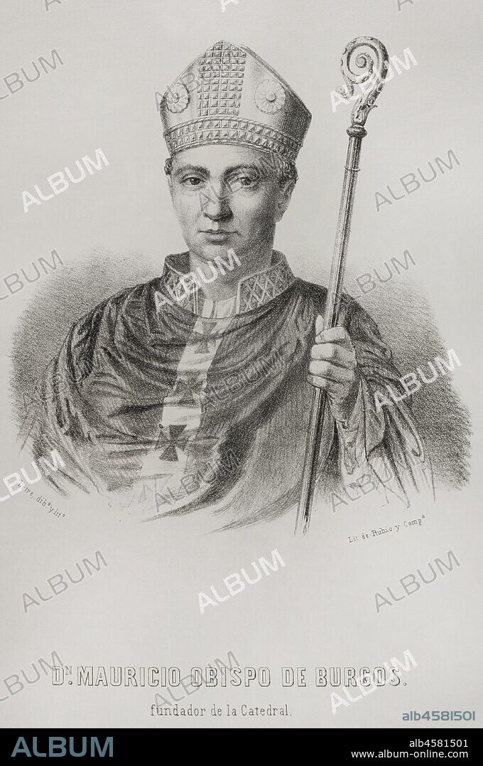 Don Mauricio (?-1238). Jurista y eclesiástico, obispo de Burgos desde 1213 hasta su muerte, fundador de su catedral. Dibujo por Letre. Litografía. Crónica General de España, Historia Ilustrada y Descriptiva de sus Provincias. Castilla-La Vieja,1870. Biblioteca Histórico Militar de Barcelona, Cataluña, España.