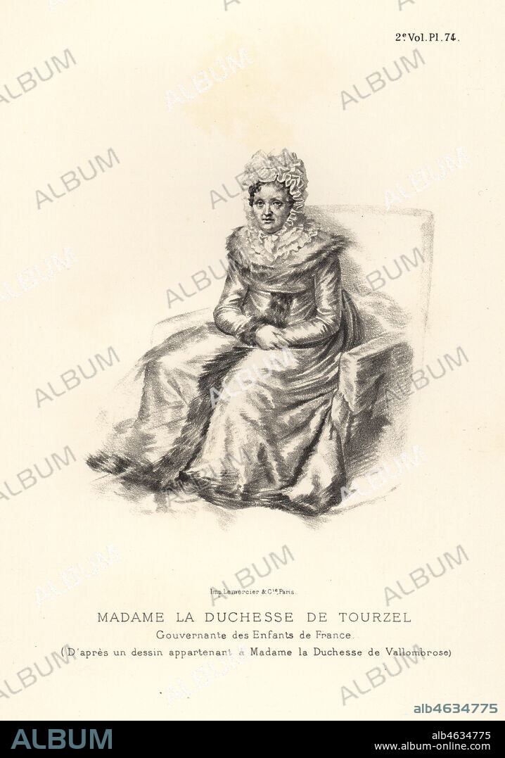 Portrait of the Duchess of Tourzel, governess to Marie Antoinettes children. Louise-Elisabeth de Croy d'Havre, Madame la Duchesse de Tourzel. Lithograph after a portrait attributed to the Duchesse de Vallombrose from Fashions and Customs of Marie Antoinette and her Times, by Le Comte de Reiset, Paris, 1885. The journal of Madame Eloffe, dressmaker and linen-merchant to the Queen and ladies of the court.