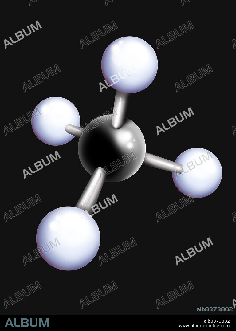 Molecular model of methane.. Methane molecule (CH4) is composed of an atom of carbon (black) linked to four atoms of hydrogens (blue).