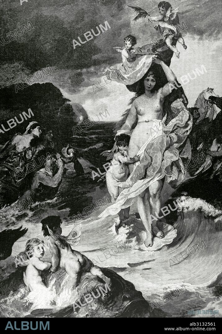 VENUS (la "AFRODITA" romana). Diosa del amor, de la fertilidad y protectora de los matrimonios. "VENUS ANADIÓMENA" o Venus saliendo del mar. Representa el nacimiento de la diosa, mientras emerge de las aguas de mar. Grabado de Knesing, según un cuadro de Guillermo March. Siglo XIX.