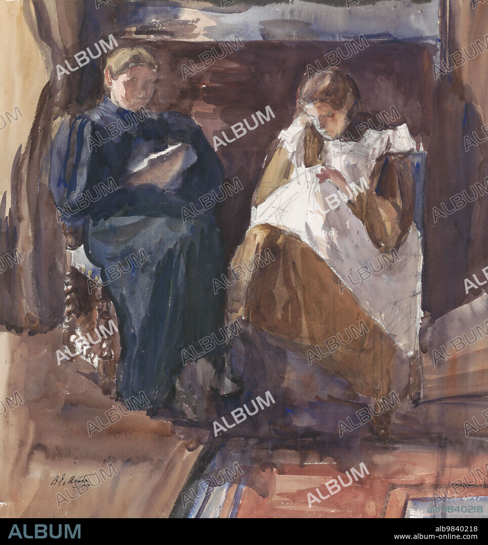 BARBARA ELISABETH VAN HOUTEN. Reading lady and embroidering girl, seen from the front, in the house at Riouwstraat 6, in The Hague, 1872-1950.