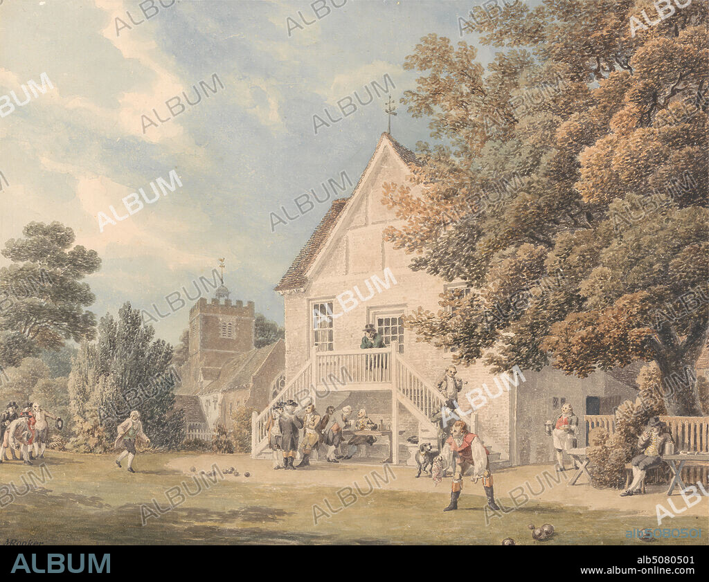 A Game of Bowls on the Bowling Green Outside the Bunch of Grapes Inn, Hurst, Berkshire, Michael 'Angelo' Rooker, 17461801, British, undated, Watercolor and graphite on moderately thick, slightly textured, cream, wove paper, Sheet: 8 1/4 x 10 7/8 inches (21 x 27.6 cm), architectural subject, ball games, benches, bowls, castle, dog (animal), fence, genre subject, hats, inn, leisure, men, trees, Berkshire, England, Hurst, St. Nicholas Hurst, United Kingdom.