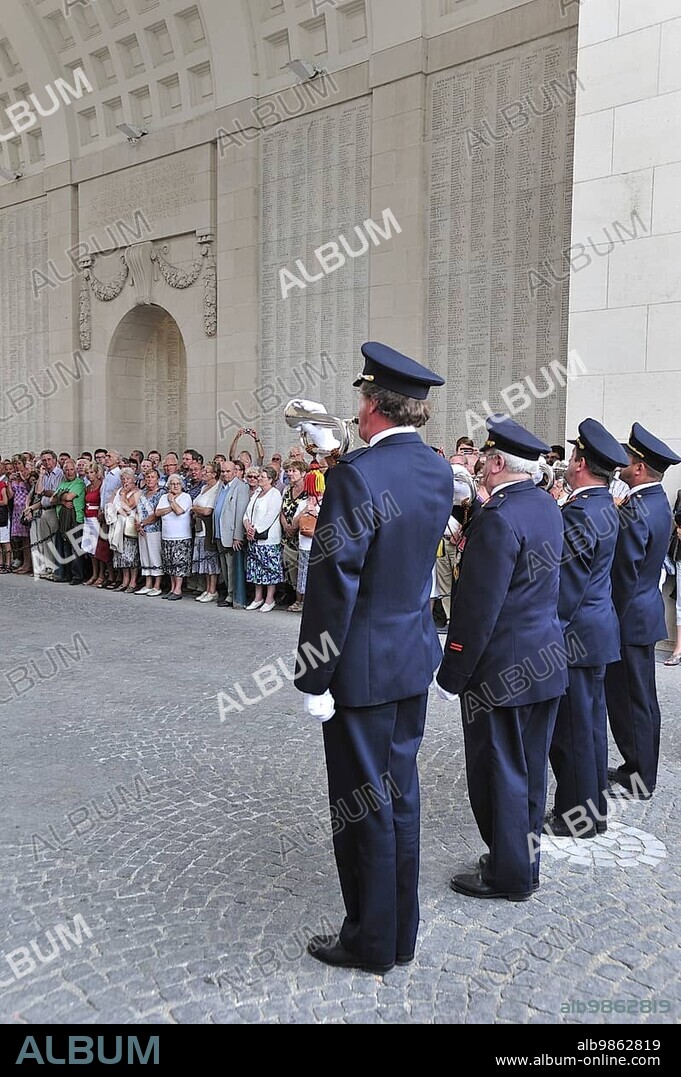 Last Post Ceremony under the Menin Gate Memorial to the Missing, a war memorial dedicated to the commemoration of British and Commonwealth soldiers who were killed in the Ypres Salient of World War I, Ypres, Belgium, Europe.
