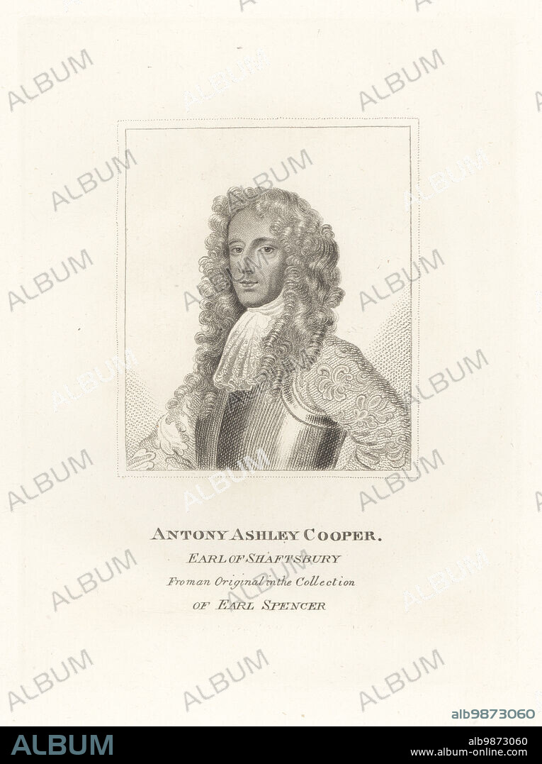 Antony Ashley Cooper, Earl of Shaftesbury, 1621-1683. English Whig politician during the Interregnum and the reign of King Charles II. In long wig, cravatte, breastplate and brocade doublet. From an original in the collection of Earl Spencer. Copperplate engraving from Samuel Woodburns Gallery of Rare Portraits Consisting of Original Plates, George Jones, 102 St Martins Lane, London, 1816.