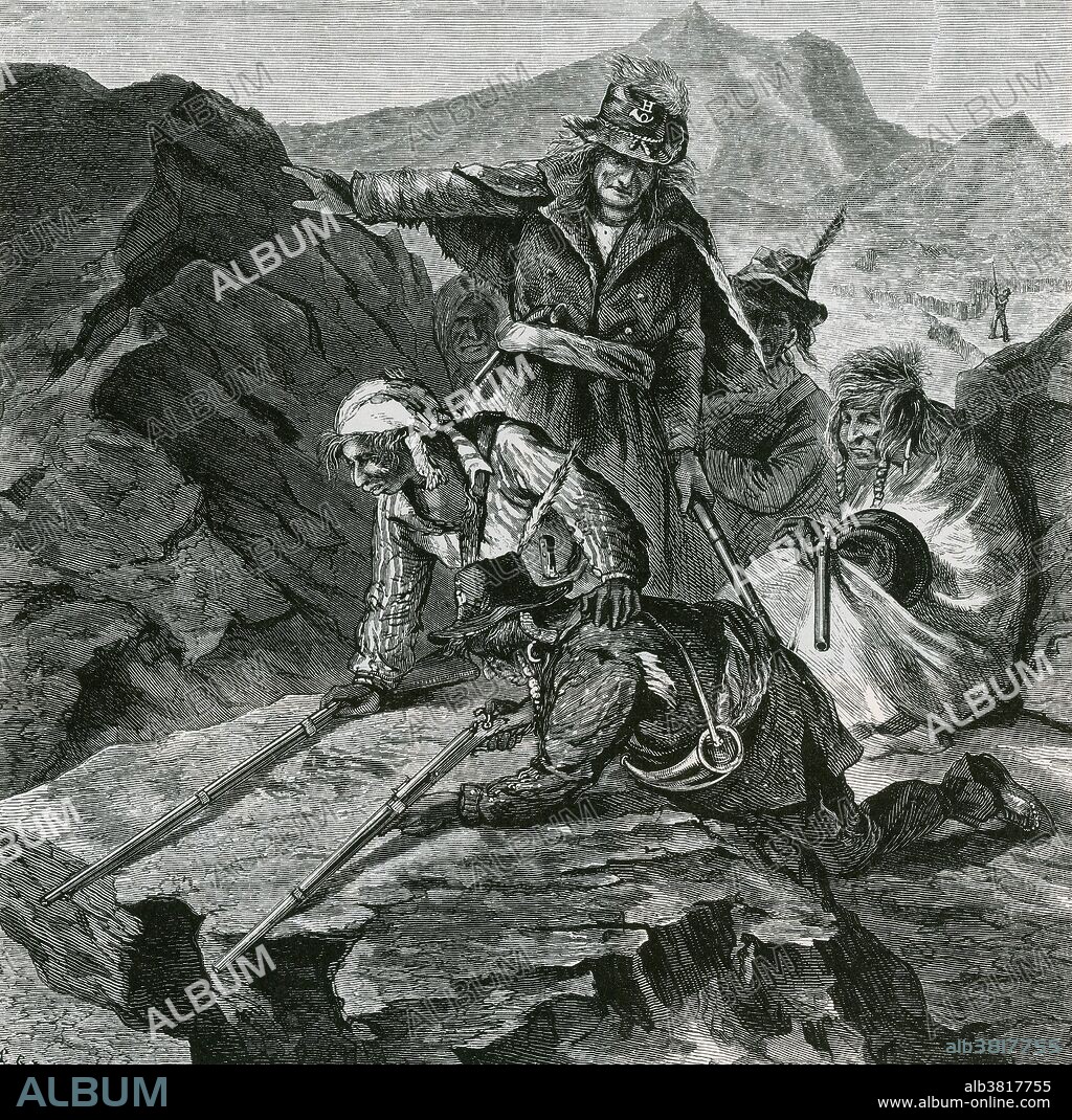 Wood engraving depicing Modoc Indians in their stronghold in the lava beds near Tule Lake in northern California during the Modoc War of 1873. The Modoc War was an armed conflict between the Modoc tribe and the US Army, 1872-73. Captain Jack led 52 warriors and a band of more than 150 Modoc people who left the Klamath Reservation. Occupying defensive positions throughout the lava beds south of Tule Lake, for months those few warriors waged a guerrilla war against US Army forces sent against them and reinforced with artillery. In April 1873, Captain Jack and others killed General Edward Canby and wounded others. After more warfare with reinforcements of US forces, some Modoc warriors surrendered, and Captain Jack and the last of his band were captured. Jack and five warriors were tried for the murder; Jack and three warriors were executed and two others sentenced for life imprisonment. The remaining 153 Modoc of the band were sent to Indian Territory, where they were held as prisoners of war until 1909. Harper's Weekly, May 3, 1873.
