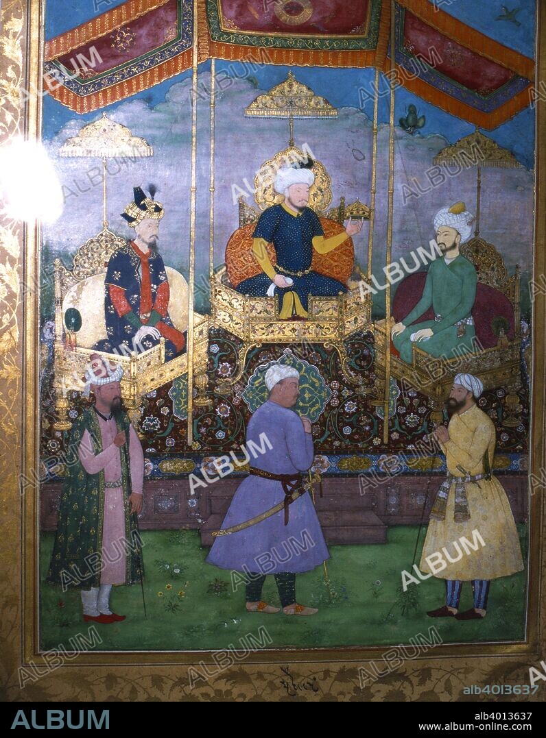 Timur hands his crown to Babur Mughal, c1630. Timur (1336-1405), sits between the first two Mughal Emperors, Babur Timur (1336-1405), and Humayan (r.1530-1540 and 1544-1545). ll are seated on jewelled thrones beneath parasols, an emblem of royalty.
