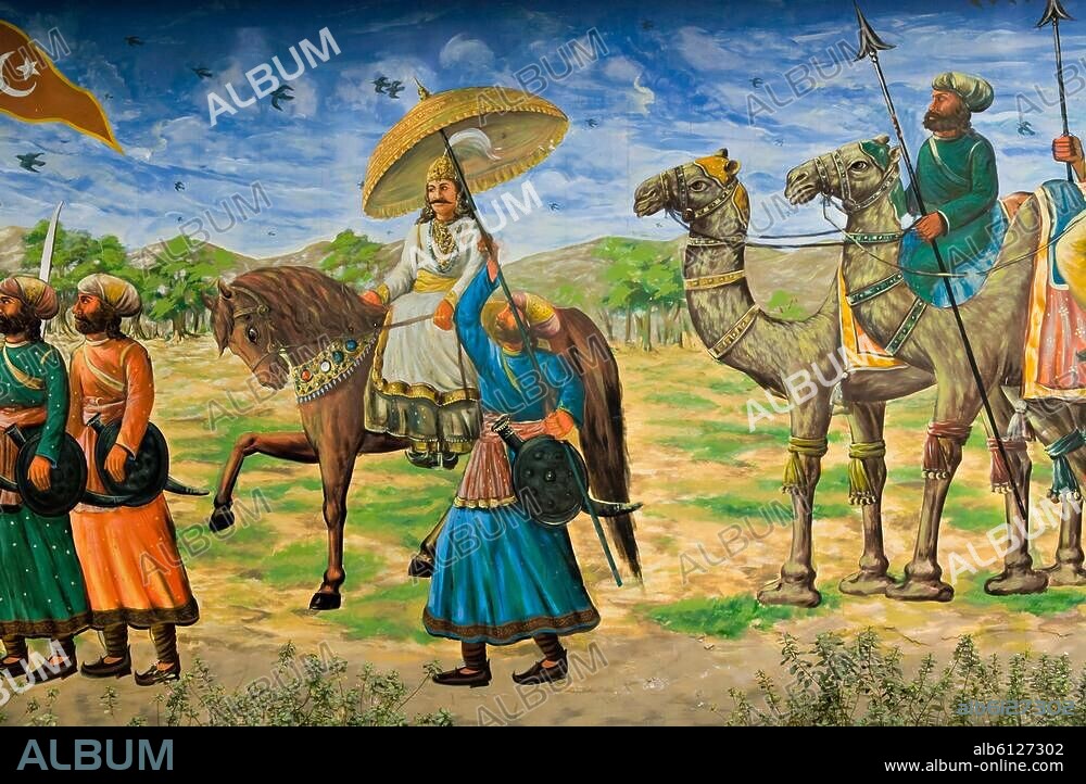 Indien / Sultanat von Delhi 1206-1526. Eroberung Nordindiens durch Mohammed von Ghur 1150-1206, Begründung des Sultanats durch Qutbud-Din-Aibak 1206.-Eroberung Delhis durch die Muslime.-Gemälde auf der Wand eines Geschäfts in Delhi (Ausschnitt). Foto, 09.12.2007.