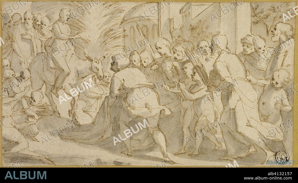 Christ Entering Jerusalem. Andrea Boscoli; Italian, 1560-1608. Date: 1595-1599. Dimensions: 109 x 194 mm. Pen and brown ink, with brush and gray wash, over traces of black chalk, on ivory laid paper, laid down on ivory laid card. Origin: Italy.