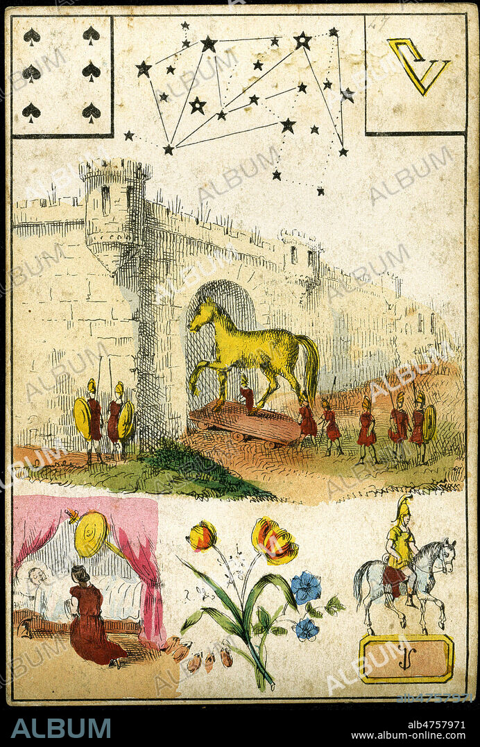 Constellation, carte a jouer (6 de pique), representation du cheval de Troie... Carte de tarot divinatoire du milieu du 19eme s. Illustration anonyme. Credit : Collection IM/KHARBINE-TAPABOR.