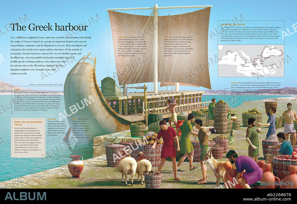 Greek port. Infographics present characteristics of a port of Classic Greece, main place of exchanging goods.
