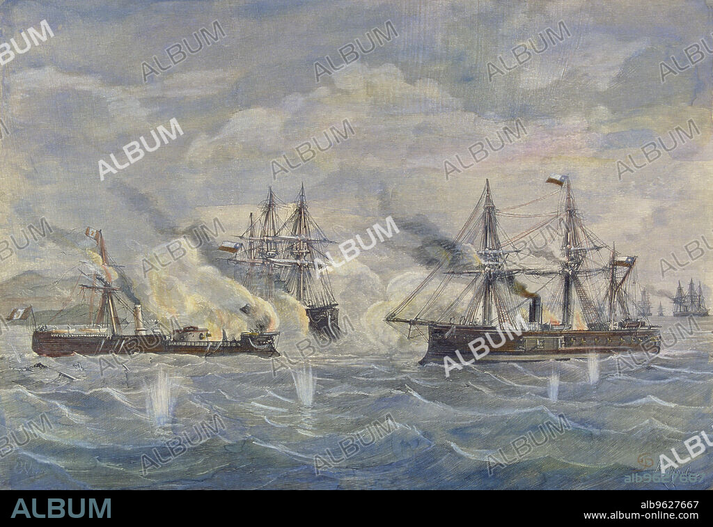 Peru - Bolivia - Chile War, 1879, naval battle between the Peruvian ship 'Huascar' against the Chilean 'Blanco Encalada' and 'Cochrane'.
