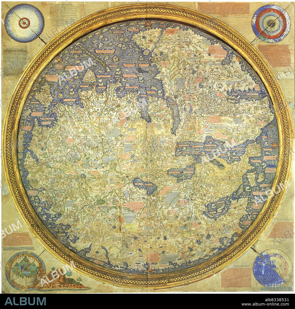 Fra Mauro map, 1460, Fra Mauros Weltkarte ist eine historische Weltkarte, Mappa mundi, vom venezianischen Mnch und Kartografen Fra Mauro 1457 bis 1459 im Auftrag des portugiesischen Knigs Alfons V. gefertigt / Fra Mauro map, 1460, Fra Mauro's map of the world is a historical map of the world, Mappa mundi, made by the Venetian monk and cartographer Fra Mauro in 1457 to 1459 by order of the Portuguese King Alfonso V., Historisch, historical, digital improved reproduction of an original artwork from the time / digital restaurierte Reproduktion einer Originalvorlage aus der damaligen Zeit, genaues Originaldatum nicht bekannt.