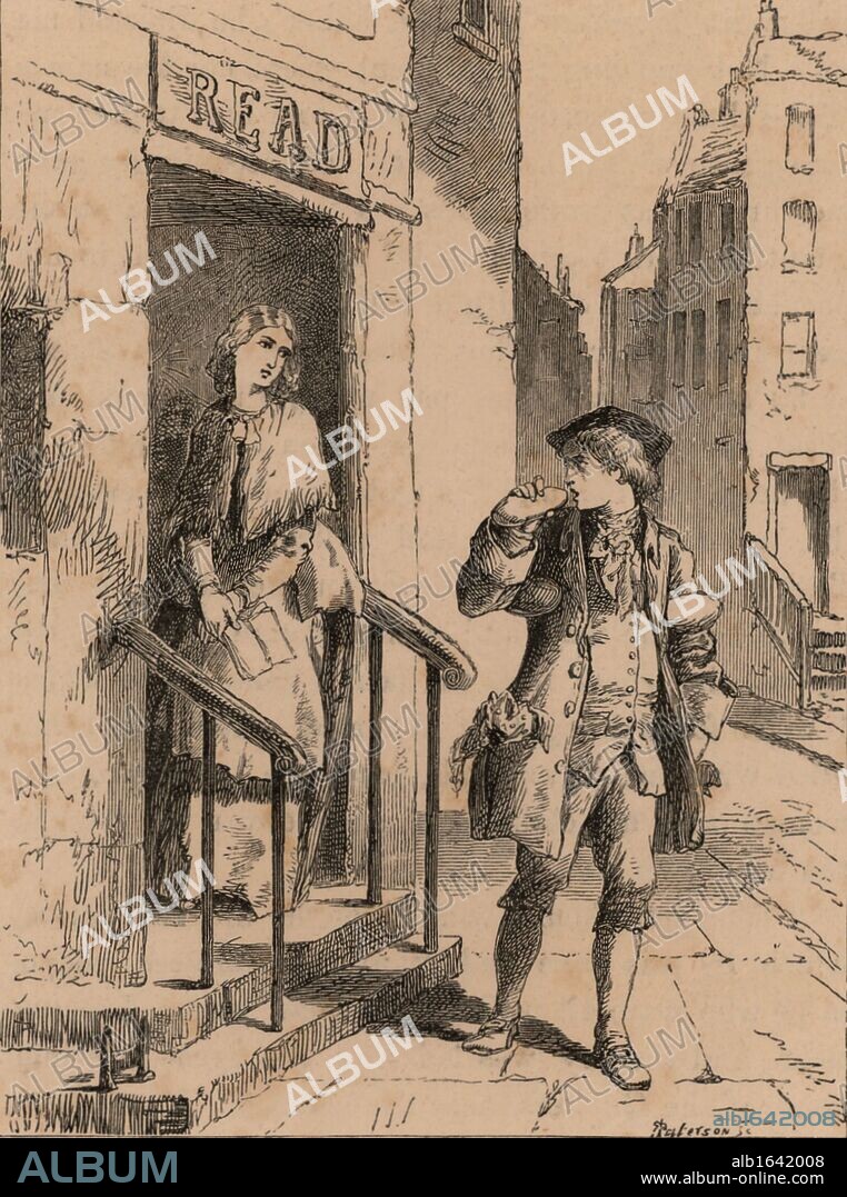 Benjamin Franklin (1706-1790) American printer, scientist and statesman. Franklin arriving in Philadelphia in 1723 and passing the door of his future father-in-law and seeing Deborah Read who was to be his wife. Engraving, London 1852. Wood engraving.  (Photo by: Universal History Archive/UIG via Getty Images).