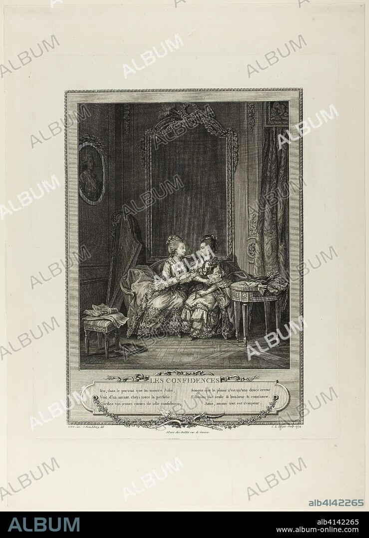 Confidences, from Monument du Costume Physique et Moral de la fin du Dix-huitième siècle. Charles Louis Lingée (French, 1748-1819); after Sigmund Freudeberg (Swiss, 1745-1801) and Jean Henri Eberts (Swiss, 18th century); published by Laurent-François Prault (French 1712-1780). Date: 1774. Dimensions: 282 × 223 mm (image); 407 × 324 mm (plate); 534 × 380 mm (sheet). Engraving on paper. Origin: France.