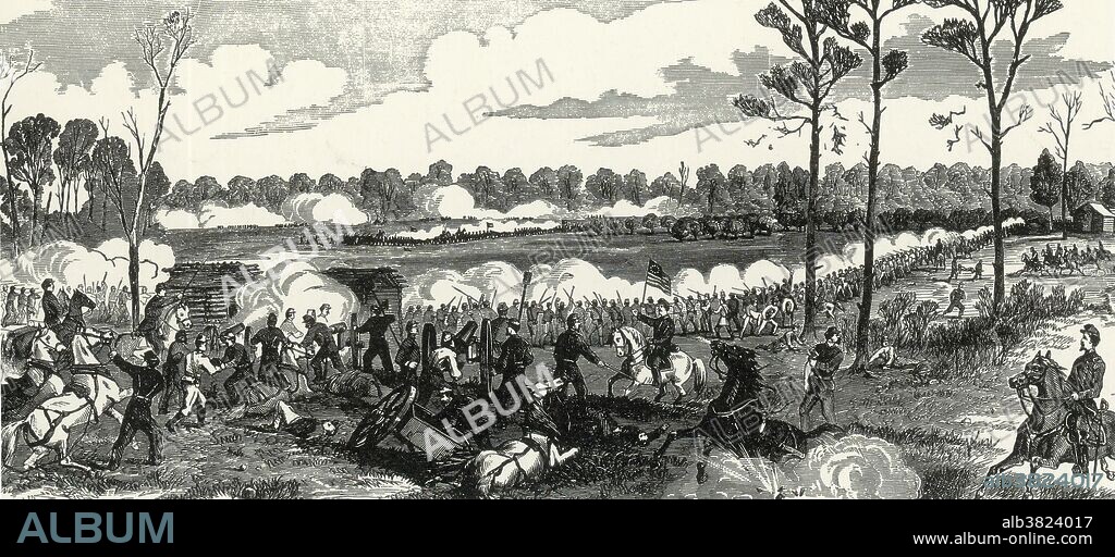 The caption reads: "Repulsing the combined Confederate attack at the Peach Orchard, Shiloh, Tennessee, Sunday, April 6, 1862." The Battle of Shiloh, also known as the Battle of Pittsburg Landing, was a major battle of the American Civil War, April 6-7, 1862, in Tennessee. The Union army under General Ulysses S. Grant had moved down the Tennessee River deep into Tennessee and was encamped at Pittsburg Landing on the west bank of the river. Confederate forces under Generals Albert Sidney Johnston and P. G. T. Beauregard launched a surprise attack on Grant there. The Confederates achieved considerable success on the first day, but were ultimately defeated on the second day.