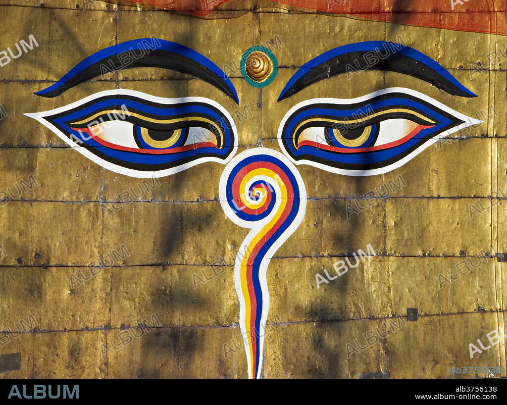 The eyes on the Buddhist stupa of Swayambhu (Swayambhunath) (Monkey Temple), Kathmandu, UNESCO World Heritage Site, Nepal, Asia.
