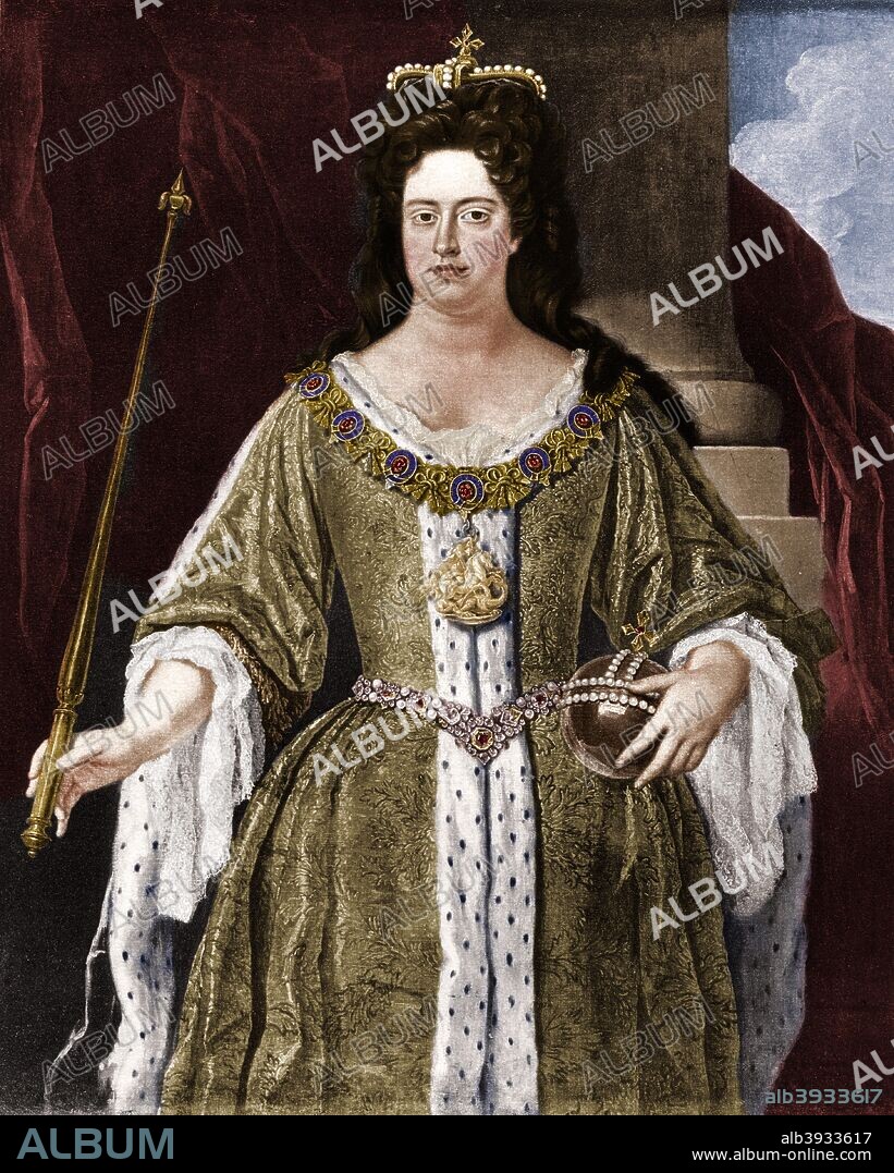 Queen Anne, c1702 (1906). From the original painting by John Closterman, in the National Portrait Gallery, London. Anne (1665-1714) was the daughter of James II, deposed by William of Orange in the Glorious Revolution of 1688. The last Stuart monarch, she came to the throne after the death of William in 1702, and became the first monarch of the Kingdom of Great Britain and Ireland after the signing of the Act of Union in 1707. Her reign saw a decline of the power of the crown in favour of that of ministers as well as the development of a two party system of politics. Her inability to produce an heir precipitated a succession crisis, with parliament passing legislation to hand the crown to the House of Hanover in order to prevent the Catholic Old Pretender, James Francis Edward Stuart, from claiming the throne. A print from Queen Anne, by Herbert Paul, Goupil and Co, London, 1906. (Colorised black and white print).