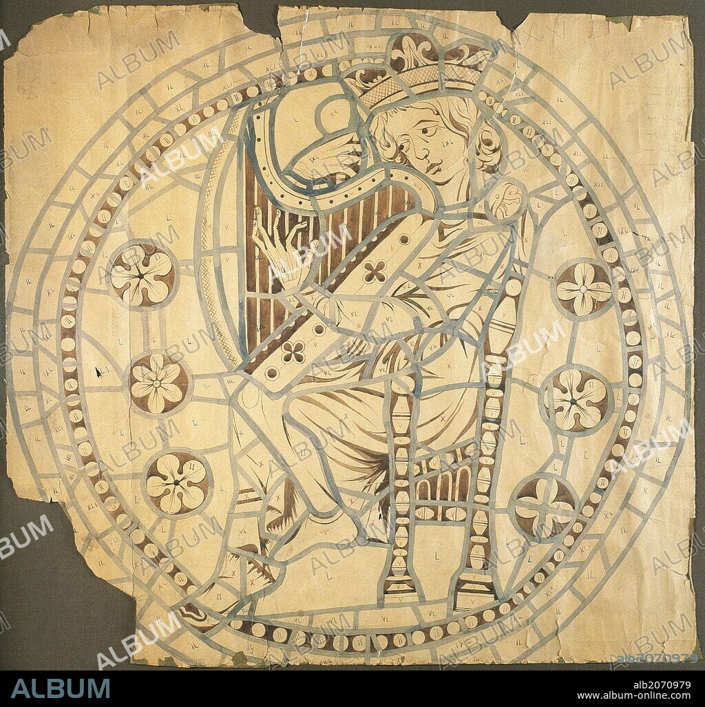 "EL REY DAVID". Dibujo para el rosetón de la la Catedral de León. (Siglo XIV). Papel, aguada. Cabildo Catedral de León. Castilla-León. España.