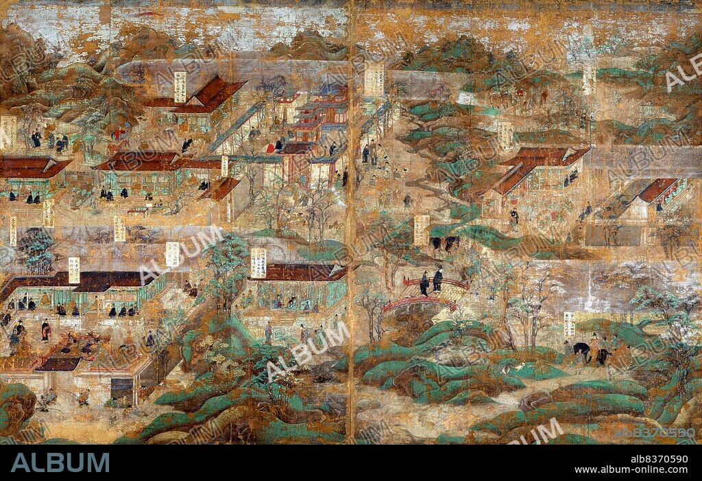 This set of paintings is the oldest and largest extant illustrated biography of Prince Regent Shotoku (574-622). It depicts places and events related to the traditional account of his life, stemming from the veneration of the prince that began in the Nara period (710-794).<br/><br/>. These paintings were originally on fixed doors that adorned the Picture Hall in the East Precinct of Horyu-ji Temple. They were remounted as freestanding screens in the Edo period (1615-1868), and in recent times were again remounted on ten panels.<br/><br/>. Records tell us that Hata no Chitei, an artist from Settsu Province (present-day Osaka Prefecture), painted them during the second to fifth month of Enkyu 1 (1069).