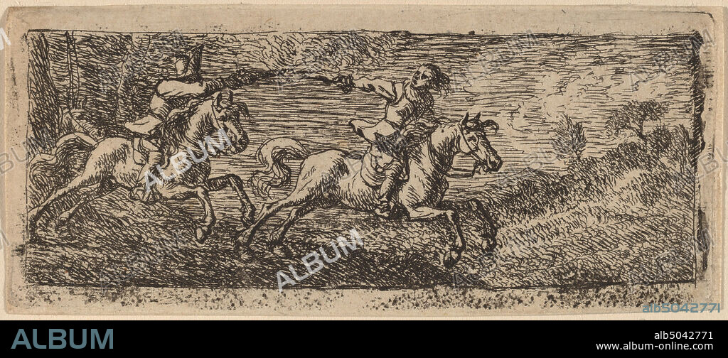 Pieter van Laer, (artist), Dutch, c. 1592 - 1642, Two Horsemen Fighting, etching.