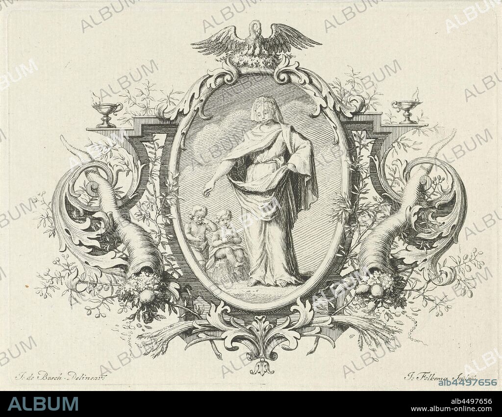 Vignette with the personification of Charity Virtues and vices (series title), Vignette with the image of personified Charity in a cartouche. At the top of the cartouch list is a pelican that feeds its young with blood from its own chest. Gentleness is veiled, next to her are two small children. The print is part of a series of book illustrations about virtues and vices, Generosity, Liberality, 'Generosità', 'Liberalità' (Ripa), Jacob Folkema (mentioned on object), 1723 - 1767, paper, etching, h 93 mm × w 121 mm.