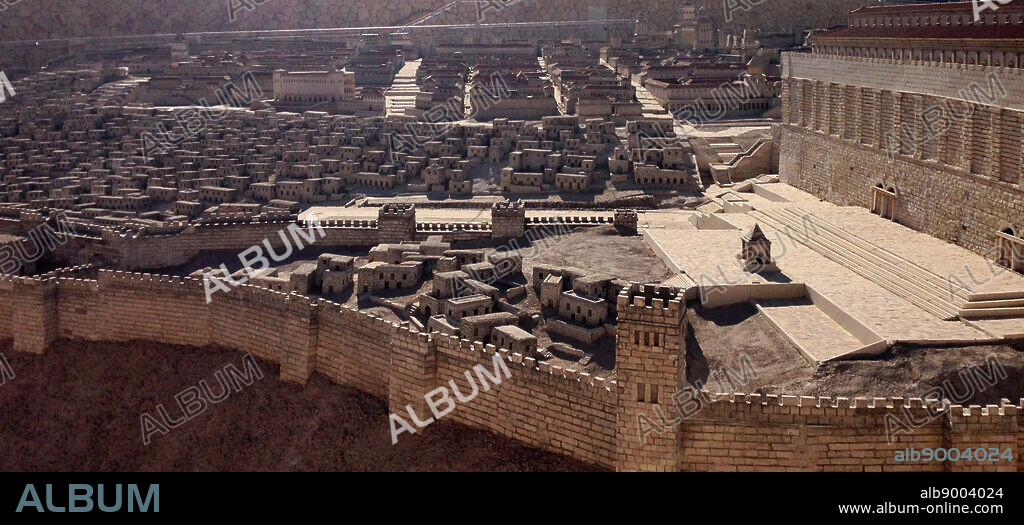 Detailed street view of the Model of Jerusalem at the Israel Museum. The Model is a 1:50 scale-model of the City of Jerusalem in the late Second Temple Period. The model was designed by Israeli historian and geographer Michael Avi Yonah based on the writings of Flavius Josephus and other historical sources. The model includes a replica of the Herodian Temple.