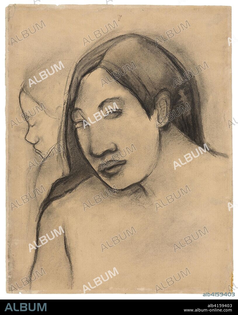 Heads of Tahitian Women, Frontal and Profile Views. Paul Gauguin; French, 1848-1903. Date: 1891-1893. Dimensions: 413 × 325 mm. Charcoal and wetted charcoal, with stumping and erasing, on cream wove paper, selectively fixed. Origin: France.