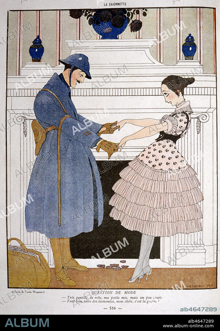 Retour du poilu a la maison, il trouve la robe un peu courte. Mode feminine pendant la 1ere guerre mondiale. Dessin de GERDA WEGENER (1885 - 1940) in LA BAIONNETTE 1916. Credit Collection Kharbine Tapabor.