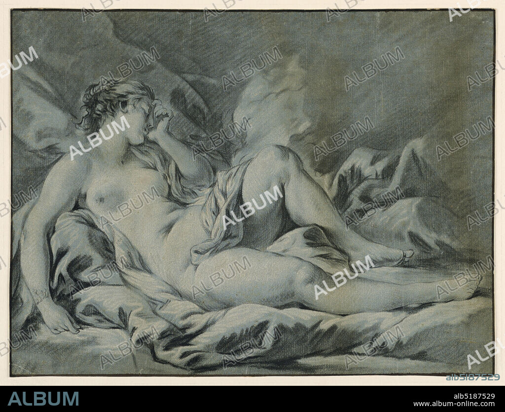 Nude Woman Sleeping, Gilles Demarteau, Belgian, active in France, 1722 1776, François Boucher, French, 1703 1770, Engraving in crayon manner, black and white colors on blue paper, Nude woman lying from left to right. The body is slightly turned to the left and the head bent to the right leaning on her left hand. Drapery curls diagonally around the left hip to rest on the right inner thigh., France, ca. 1770, Print, Print.