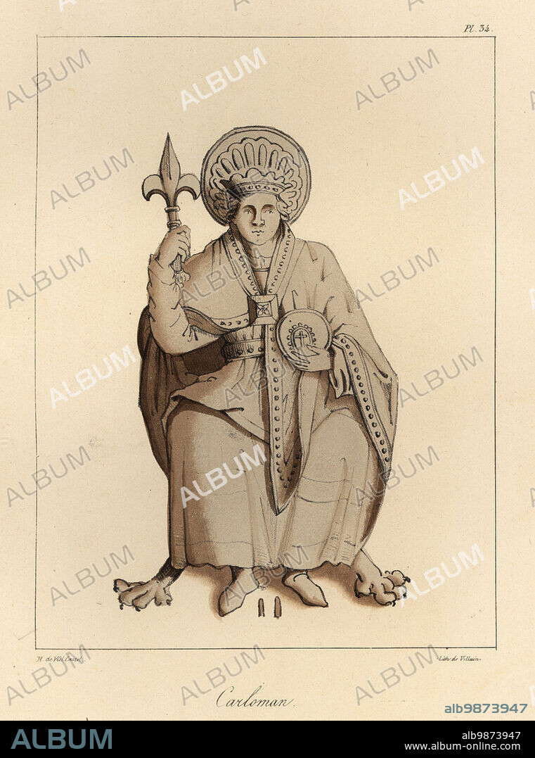 Carloman I, King of the Franks, younger brother of Charlemagne, 751-771. Statue in Fulda Cathedral. Tinted lithograph by Villain after an illustration by Horace de Viel-Castel from his Collection des costumes, armes et meubles pour servir à l'histoire de la France (Collection of costumes, weapons and furniture to be used in the history of France), Treuttel & Wurtz, Bossange, 1827.