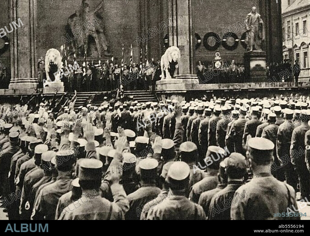 Adolf Hitler (* 20 April 1889 in Braunau am Inn) († 30 April 1945 Berlin), Leader of the Nazi Party, Reich Chancellor from 1933, also self-appointed "Fuehrer" and head of state of Germany