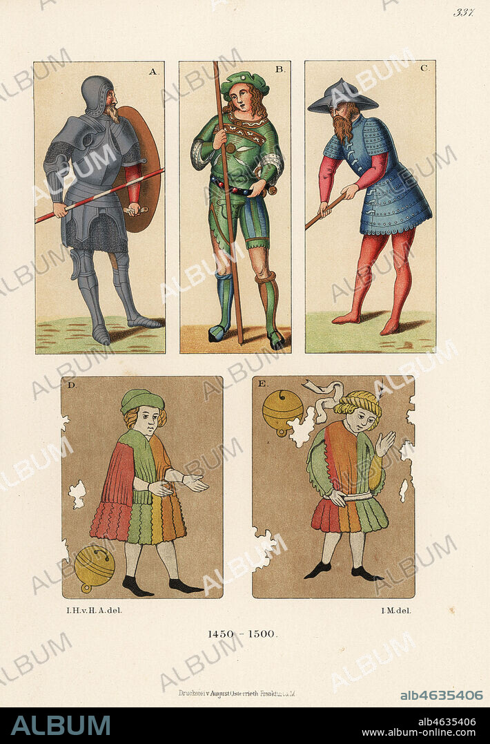 Italian male costumes of the late 15th century. Soldier in armour A and soldier in Eisenhut or kettle hat C from an oil painting, Landsknecht lancer B from an enamel painting, and men in mi-parti doublets from German playing cards. Chromolithograph from Hefner-Alteneck's Costumes, Artworks and Appliances from the Middle Ages to the 17th Century, Frankfurt, 1889. Illustration by Dr. Jakob Heinrich von Hefner-Alteneck, lithographed by I.M. Dr. Hefner-Alteneck (1811 - 1903) was a German museum curator, archaeologist, art historian, illustrator and etcher.