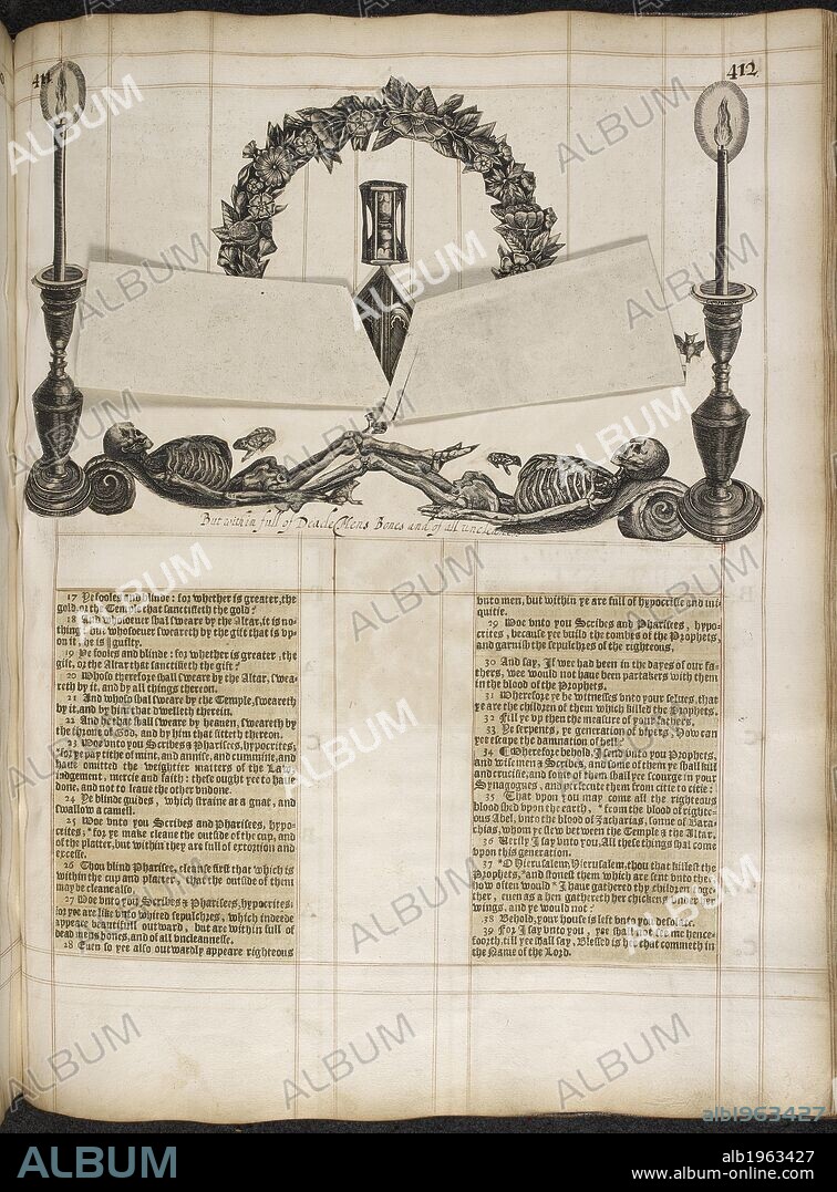 Illustrated page of Bible.the New Testament. Illustration  by Mary Collet in 1635. Family bible. . The Actions & Doctrine & other Passages touching our Lord & Sauior Iesus Christ. Little Gidding. This Harmony was compiled expressly for Charles I. by Nicholas Ferrar and his family at their religious house at Little Gidding in Huntingdonshire, in 1635. It is composed of portions of Bibles printed in various types, cut out and pasted on blank leaves, and is illustrated with engravings and cuttings from engravings. The titlepage, index, and explanation are in MS. The ornamented binding was the work of Mary Collet, niece of N. Ferrar. Source: C.23.e.4 411/412.