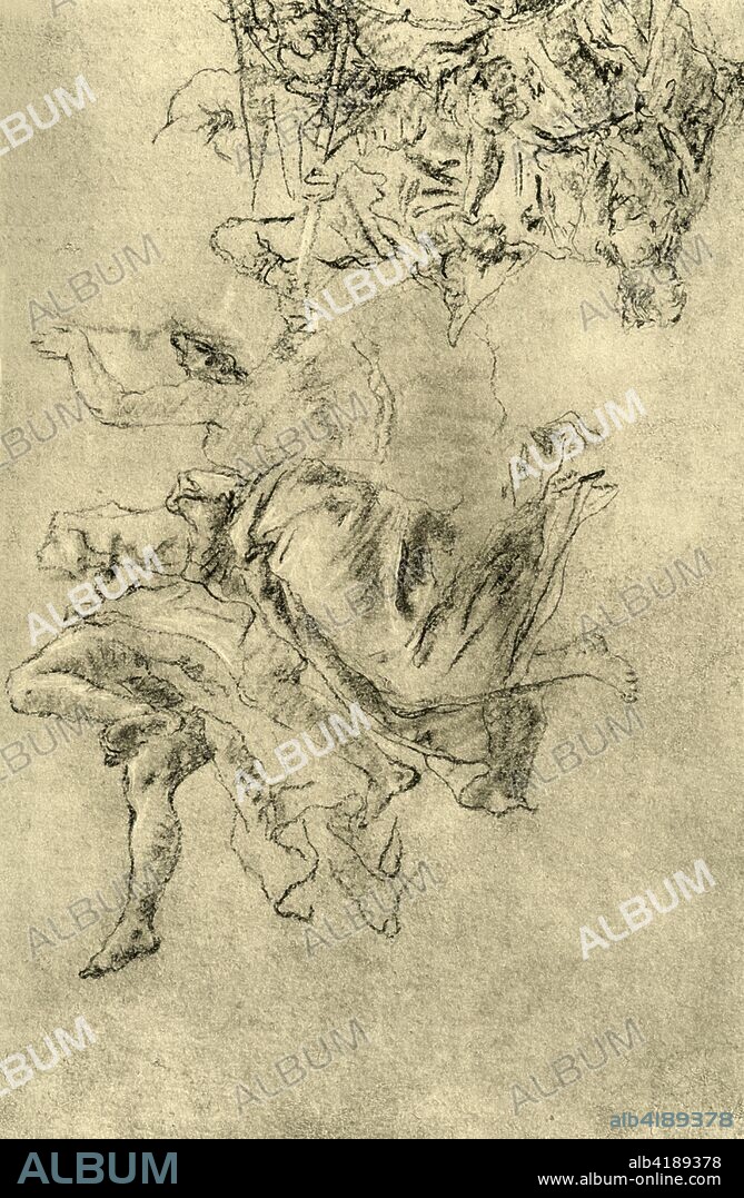 'Hovering Geniuses and other detail for the Fresco on the Staircase-hall of the Würzburg Residence', 1752-1753, (1928). 'Two hovering geniuses and a group of figures', chalk on paper. Study for the ceiling frescoes of the staircase-hall in the Würzburg Residence, Germany. At one time known to have been in the collection of the Kupferstichkabinett, Stuttgart, Germany. Italian Venetian painter and printmaker Giovanni Battista Tiepolo (1696-1770), worked not only in Italy, but also in Germany and Spain. He was commissioned to carry out frescoes in churches and palaces, and was elected President of the Academy of Padua. As well as his large-scale majestic works, he also produced etchings and oil paintings, and is widely regarded as one of the most important artists of the period. Illustration from The Drawings of Giovanni Battista Tiepolo, Volume II, by Detlev Baron Von Hadeln. [The Pegasus Press, Paris, 1928].