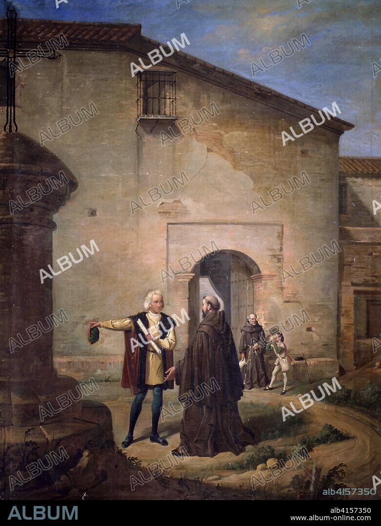 JUAN CABRAL BEJARANO (1835-1900). COLON, CRISTOBAL NAVEGANTE GENOVES. 1451-1506 " LLEGADA A LA RABIDA POR PRIMERA VEZ EN 1485 RECIBIDO POR LOS MONJES " OLEO DE JUAN CABRAL BEJARANO MONASTERIO DE LA RABIDA.