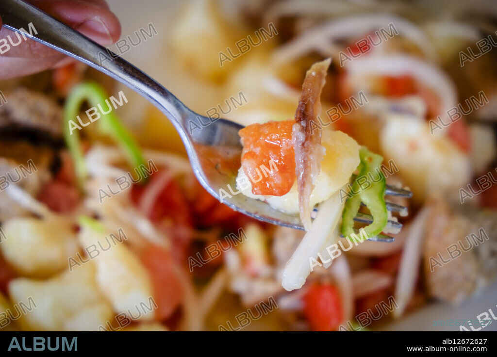 Formentera peasant salad, with dried Formentera fish, Es Codol Foradat restaurant, Formentera, Balearic Islands, Spain.