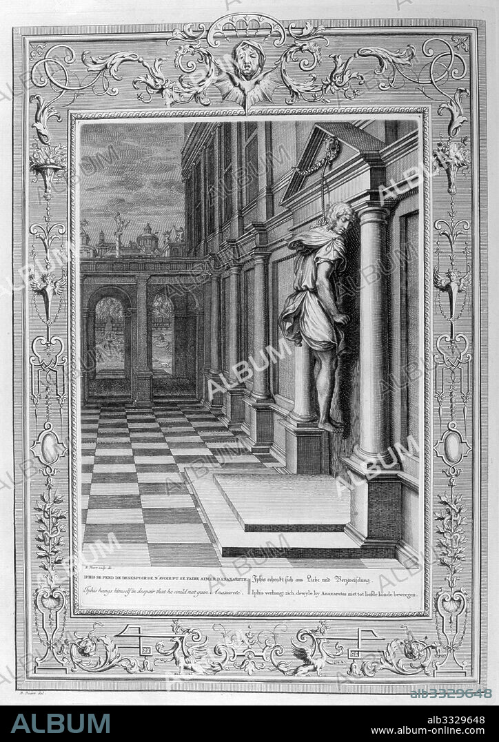 Anaxarete turned to stone. Temple of the muses. Plate from Les Images Ou Tableaux De Platte Peinture Des Deux Philostrates Sophistes Grecs, by Blaise de Vigenare, Paris, 1615. Engraving circa 1615, by Leonard Gaultier. In Greek mythology, Anaxarete was a Greek maiden who refused the advances of a shepherd named Iphis.