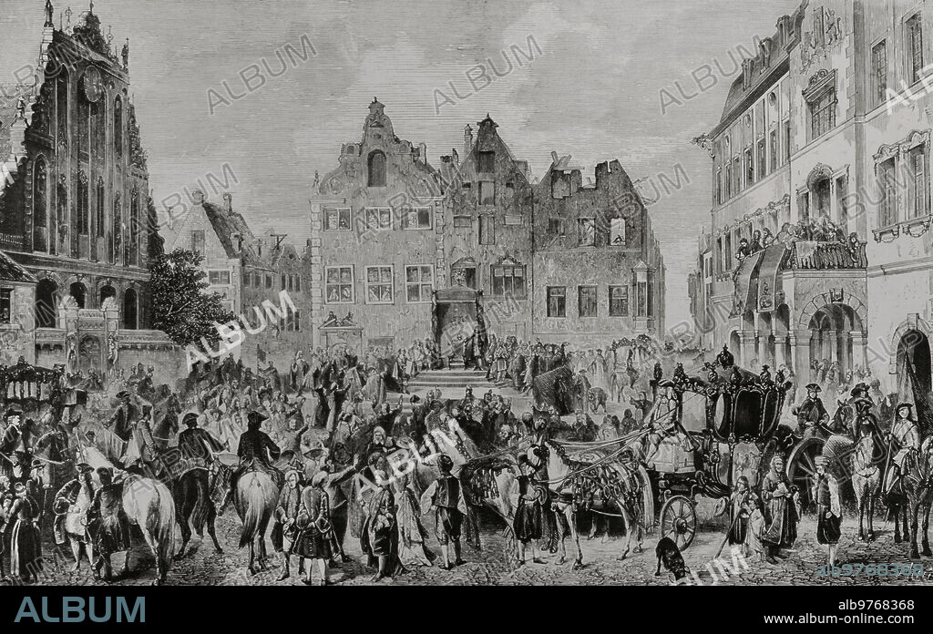 Historia de Letonia. Capitulación de Livonia. El mariscal de campo del Imperio ruso Boris Sheremetev (1652-1719) en el juramento de lealtad de Riga en julio de 1710, tras la toma de la ciudad por sus tropas. Grabado por Sprjakova.