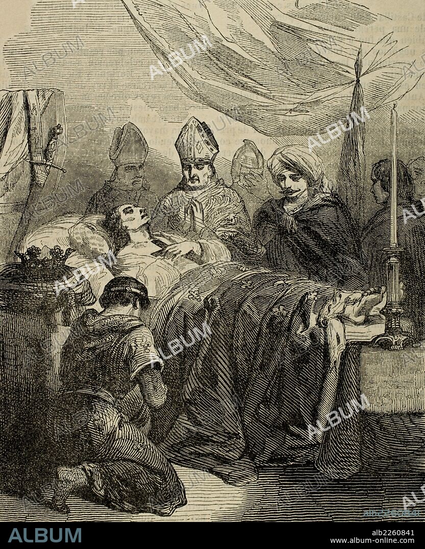 Louis IX of France or Saint Louis, king of France (1214-1270). Death of Louis IX during the siege of Tunis, 24 August 1270, during Eighth Crusade. Engraving by Janet-Lance. Biblioteca Universal. Ediciones Populares, 1851.