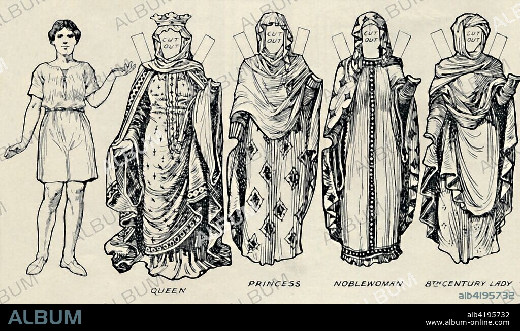 'The Gallery of British Costume: How The People Dressed in Anglo-Saxon Times', c1934. Illustration of costume worn by Anglo Saxons, (5th century AD until the Norman conquest in 1066). Instructions are given in the accompanying text on how to trace the figures onto thin paper, paste them onto cardboard, and cut them out. Information on what colours to use is also given. From The Romance of the Nation, Volume One, edited by Charles Ray. [The Amalgamated Press, Ltd., London, c1934].