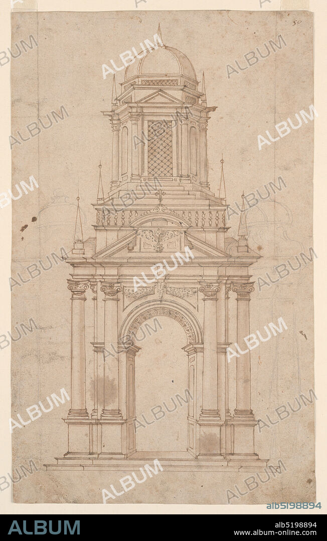 Design for a Tabernacle, Pen and bistre ink, brush and wash, graphite on laid paper, Architectural design for a tabernacle. Upon a base, an arched structure with two ionic columns on either side, the ceiling of the arch decorated with carved details, a triangular pediment above. Four triangular spires at each corner, above which is placed the tabernacle structure with several steps leading to a doorway in an octagonal domed building with spires at left, right, and top. Graphite indications of smaller domed structures at left and right, graphite vertical lines at left and right margin., probably Rome, Italy, ca. 1570, architecture, Drawing, Drawing.